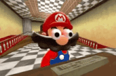 a cartoon character with a beard is sitting at a desk in a room with a checkered floor .