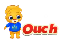 a cartoon bear wearing a blue shirt that says ouch