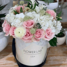 a white box filled with pink and white flowers from flower lab usa