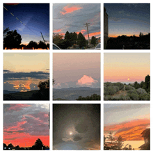 a collage of pictures of sunsets and clouds shows a few different sunsets