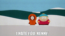 two south park characters standing next to each other in the snow .