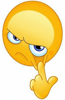 a cartoon smiley face with an angry look on his face and a finger pointing at his face .