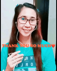 a woman wearing glasses and headphones with the words thank you so much above her