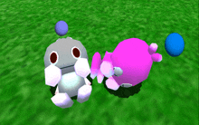 a gray and a pink cartoon character are laying on the grass