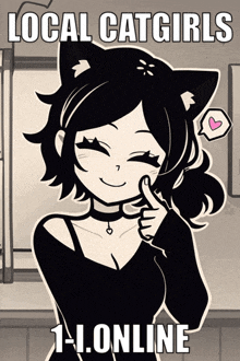 a black and white cartoon of a girl with cat ears and the words local catgirls 1-i.online