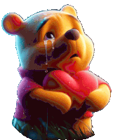 a crying winnie the pooh bear holding a red heart