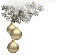 gold christmas ornaments hanging from a snowy branch