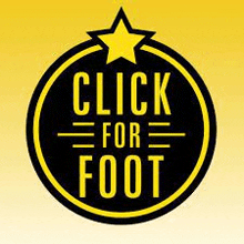 the logo for click for foot is a yellow and black circle with a yellow star in the middle .