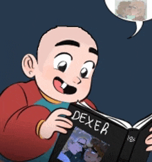 a boy is reading a book called dexer