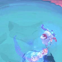 a cartoon character is floating in a pool of blue water