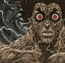 a drawing of a monster with red eyes and a twisted body