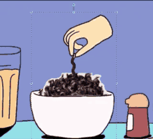 a cartoon of a hand pouring something into a bowl