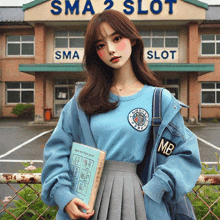 a girl holding a book in front of a sma 2 slot