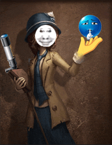 a woman holding a telescope and a blue balloon with a sad face on it
