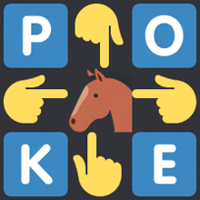 a picture of a horse surrounded by hands and letters including p o k and e