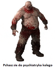 a zombie with blood on his body is standing on a white background with a caption .