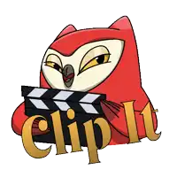 a cartoon owl is holding a clapper board with the word clip it written below it