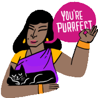 an illustration of a woman holding a black cat with a speech bubble that says you 're purrfect