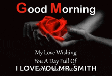 a person holding a red rose in their hands with the words good morning my love wishing you a day full of i love you