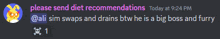 a screenshot of a discord message asking for diet recommendations