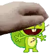 a hand is holding a cartoon character with a bag on his back .