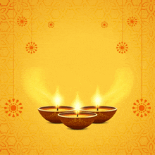 three lit candles on a yellow background with flowers