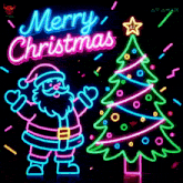 neon sign that says merry christmas with santa and a christmas tree