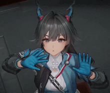 a girl with horns is wearing blue gloves and has a patch on her jacket that says ' x '