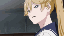 a girl with blonde hair and purple eyes is wearing a sailor uniform