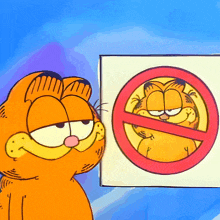 garfield looking at his reflection in a mirror with a no garfield sign