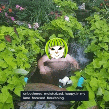 a man is taking a bath in a pond surrounded by plants and flowers .