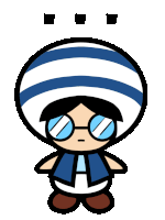 a cartoon character wearing glasses and a blue and white hat