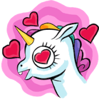 a cartoon of a unicorn with hearts around it 's eyes