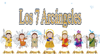 a cartoon illustration of the seven archangels with names like jofiel and gabriel