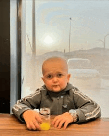 a baby is sitting at a table with a glass of orange juice in his hand .