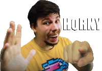 a man wearing a yellow shirt is pointing at the camera with the word hurry written on the bottom