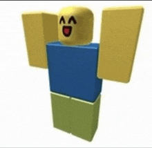 a roblox character with a yellow head and blue shirt is standing with his arms outstretched and a smiley face on his face .