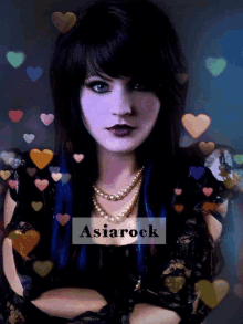 a woman with blue hair is surrounded by hearts and the name asiarock