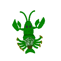 a drawing of a green lobster with the word frog written on its chest