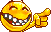 a pixel art smiley face is giving a thumbs up and pointing .