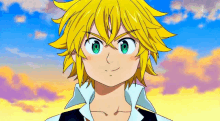 a boy with yellow hair and green eyes is standing in front of a blue sky .