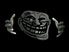 a troll face with a cigarette in its mouth is being held up by two hands .