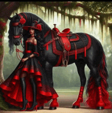 a woman in a red and black dress stands next to a black horse