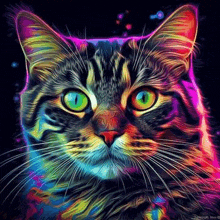 a colorful painting of a cat with green eyes