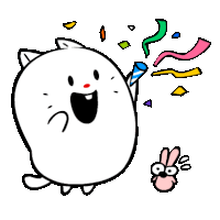 a cartoon drawing of a cat holding a party popper and a rabbit holding a peace sign .