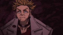 a man with a shaved head is wearing a leather jacket