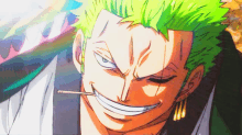 a man with green hair and a cigarette in his mouth is smiling .