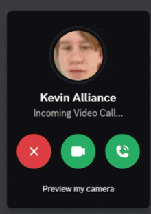 a screenshot of a video call with kevin alliance incoming