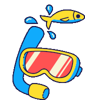 a cartoon drawing of a goggles and snorkel with a fish coming out of the water