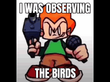 a cartoon character holding a gun with the words i was observing the birds